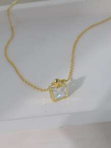方晶鋯石方形吊墜銀項鍊 - 金黃色 - 查看 4