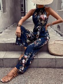 Breezaya Áo liền quần nữ Thắt lưng Hoa In ngẫu nhiên Boho - Màu xanh hải quân - Xem 3
