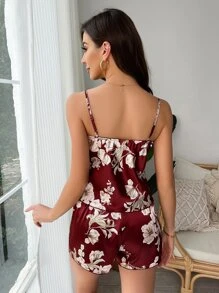 Floral Print Satin Cami Top & Shorts PJ Set / Pajama Set, Vacation