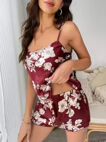 Floral Print Satin Cami Top & Shorts PJ Set / Pajama Set, Vacation