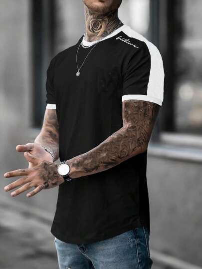 Manfinity Homme 男士字母圖案拼接側縫T恤