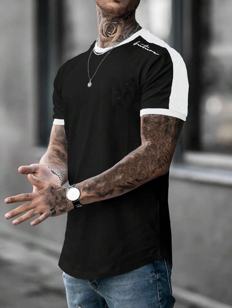 Manfinity Homme 男士字母圖案拼接側縫T恤 - 黑色 - 查看 1