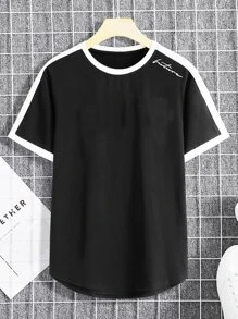 Manfinity Homme 男士字母圖案拼接側縫T恤 - 黑色 - 查看 3