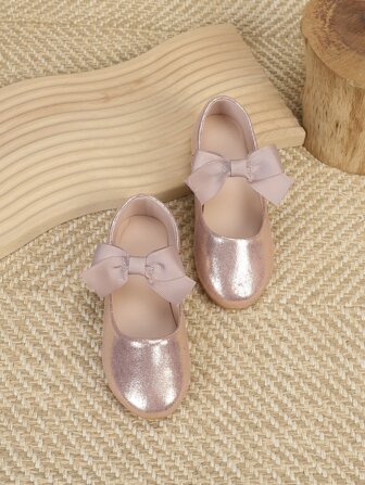 Girls Metallic Bow Decor Mary Jane Flats, Polyester Fashion Flats