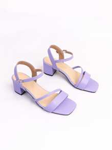女士粗跟寬版踝帶時尚戶外高跟涼鞋 - 紫色 - 查看 4