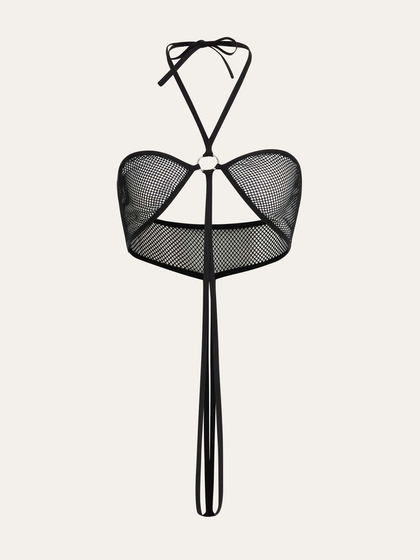 Ring Linked Halter Neck Backless Fishnet Insert Crop Halter Top | SHEIN USA