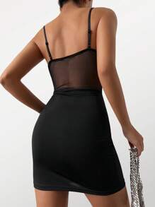 網紗拼接緊身上衣吊帶緊身連衣裙 - 黑色 - 查看 2