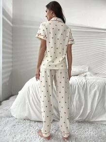 CottageSlumber Cherry Print Contrast Piping Blouse & Trousers PJ Set - Beige - View 2