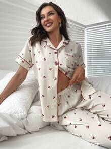CottageSlumber Cherry Print Contrast Piping Blouse & Trousers PJ Set - Beige - View 5