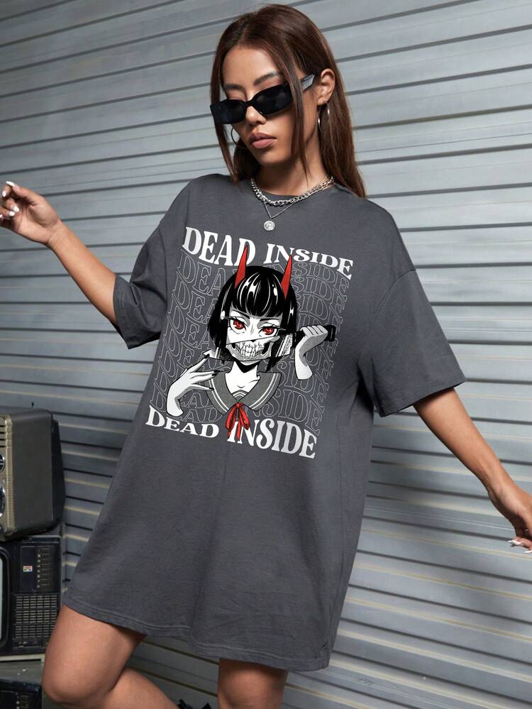 Square Apple Studios 人物和字母圖案落肩袖超大號T恤連衣裙 - 深灰色 - 查看 1