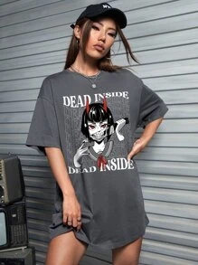 Square Apple Studios 人物和字母圖案落肩袖超大號T恤連衣裙 - 深灰色 - 查看 4