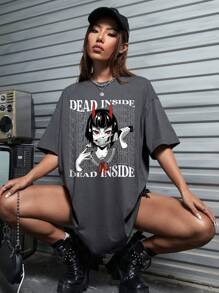 Square Apple Studios 人物和字母圖案落肩袖超大號T恤連衣裙 - 深灰色 - 查看 5