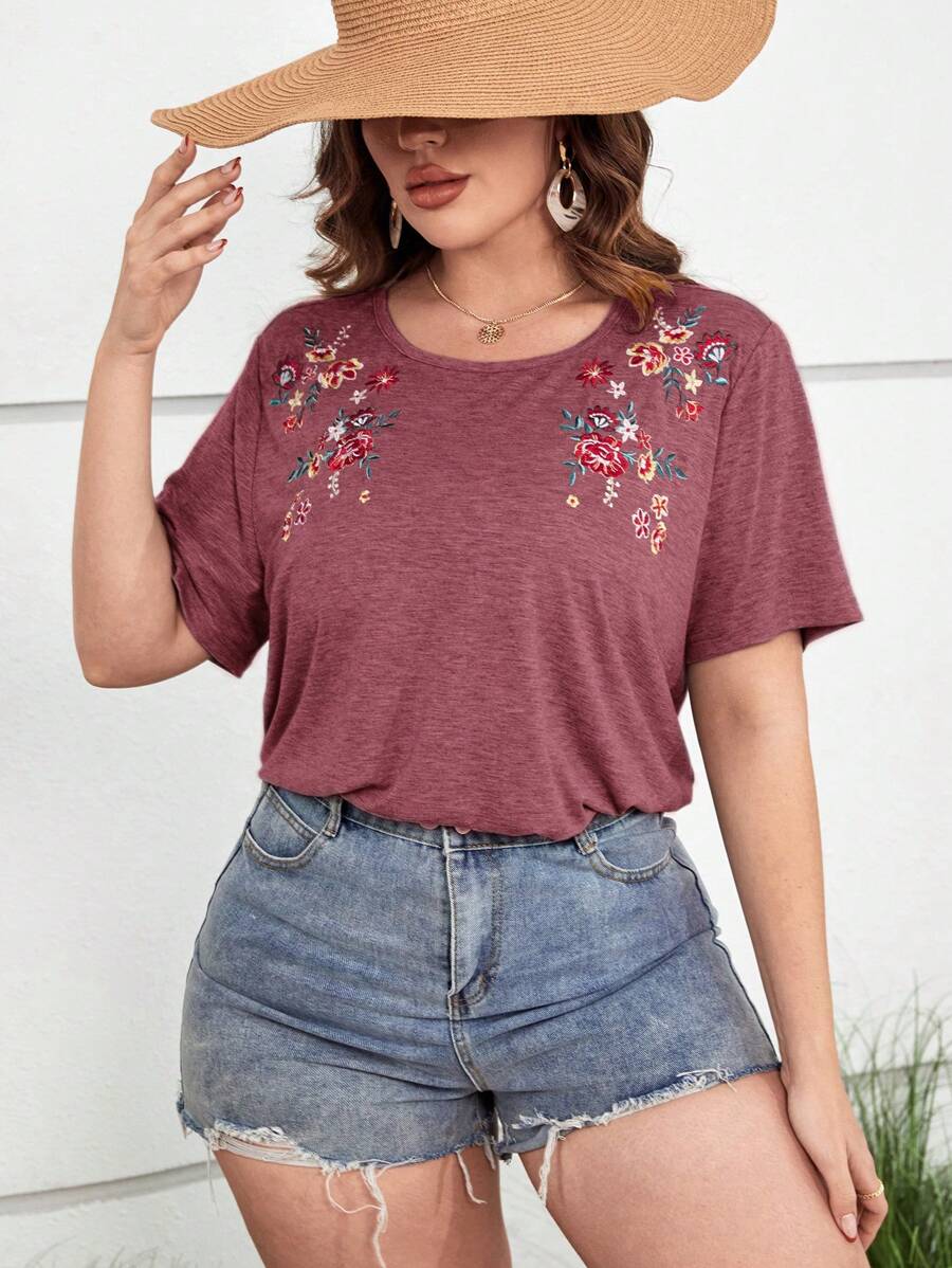 SHEIN LUNE Áo thun Plus size Thêu Hoa Giải trí - Gỗ đỏ - Xem 1