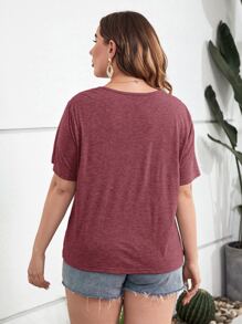 SHEIN LUNE Áo thun Plus size Thêu Hoa Giải trí - Gỗ đỏ - Xem 2