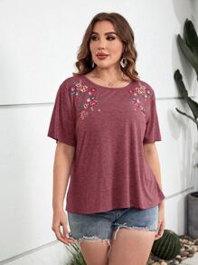 SHEIN LUNE Áo thun Plus size Thêu Hoa Giải trí - Gỗ đỏ - Xem 4