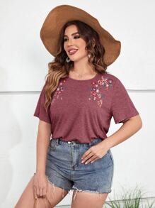 SHEIN LUNE Áo thun Plus size Thêu Hoa Giải trí - Gỗ đỏ - Xem 5