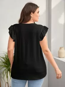 SHEIN LUNE Áo Schiffy cổ chữ V viền bèo nhún cho mùa hè - màu đen - Xem 2