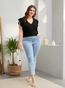 SHEIN LUNE Áo Schiffy cổ chữ V viền bèo nhún cho mùa hè - màu đen - Xem 5