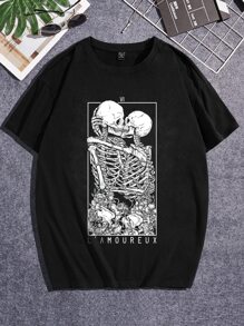Deniart Manfinity EMRG Camiseta gráfica de algodón oscuro con esqueleto y letras para hombres, para el verano, 95% algodón, para vacaciones, Año Nuevo, festivales, emo