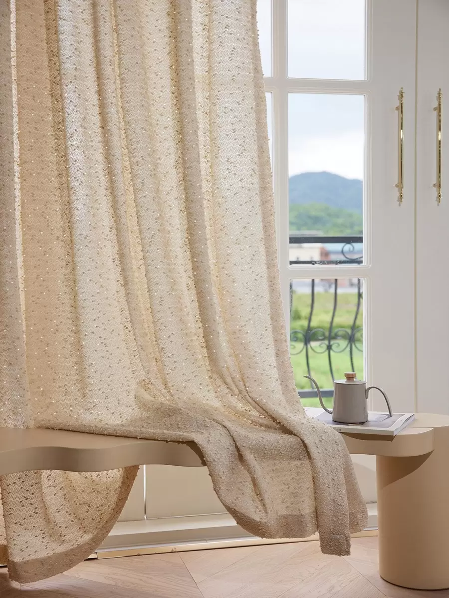 1 件咖啡色闪亮毛绒清新简约风格薄纱窗帘 - 咖啡棕 - 查看 1