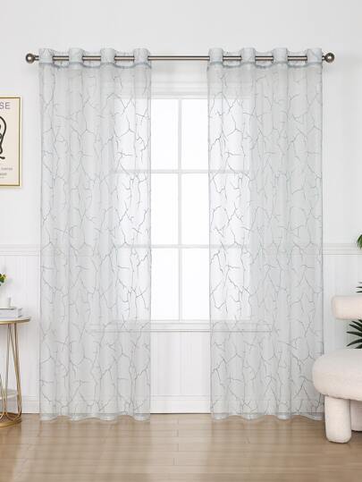 1pc Grey Geometric Tree Branch Pattern Sheer Curtain