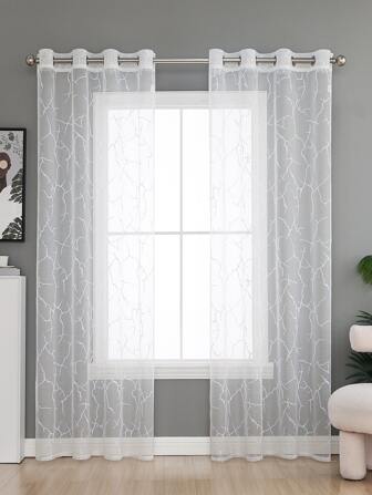 1pc Cottagecore White Geometric Pattern Sheer Panel Curtain, Modern Polyester Light Filtering Privacy Sheer Curtain For Household