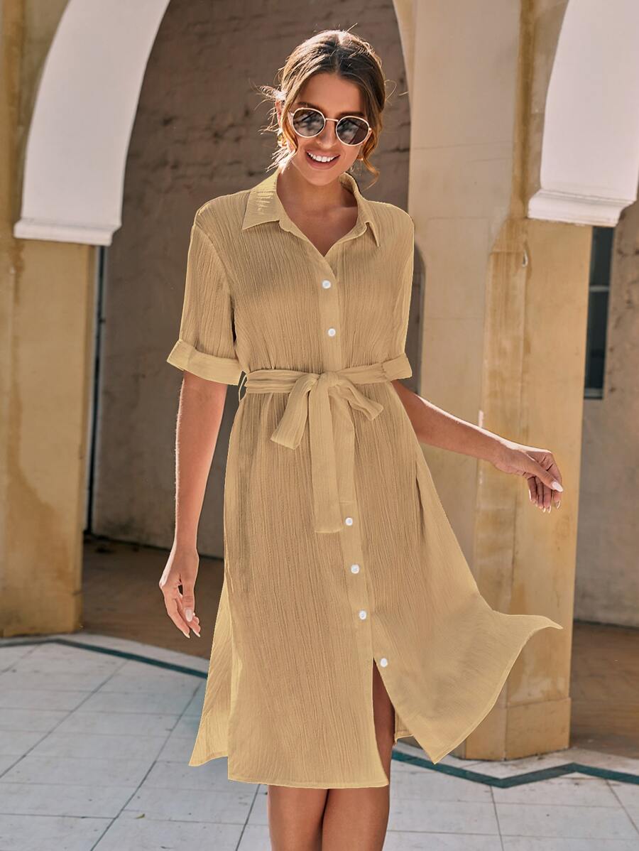 SHEIN LUNE Solid Button Front Belted Shirt Dress - Khaki - View 1