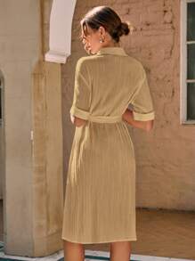 SHEIN LUNE Solid Button Front Belted Shirt Dress - Khaki - View 2