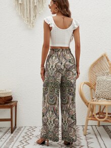 SHEIN VCAY Ruffle Trim Crop Top & Paisley Print Wide Leg Trousers - Multicolor - View 2