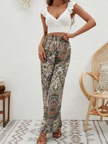SHEIN VCAY Ruffle Trim Crop Top & Paisley Print Wide Leg Trousers - Multicolor - View 4