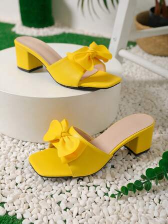 2025 新款粗跟露趾时尚高跟凉鞋，黄色优雅女士休闲时尚蝴蝶结方头高跟鞋