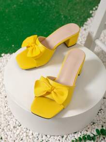 Sandale cu toc înalt și toc gros 2025, cu vârf deschis, la modă, galbene, elegante, casual, cu bowknot, cu vârf pătrat