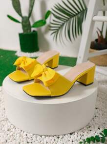 Sandale cu toc înalt și toc gros 2025, cu vârf deschis, la modă, galbene, elegante, casual, cu bowknot, cu vârf pătrat