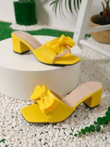 Sandale cu toc înalt și toc gros 2025, cu vârf deschis, la modă, galbene, elegante, casual, cu bowknot, cu vârf pătrat
