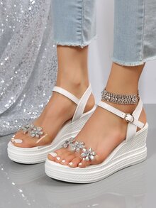 Mujer Sandalias con diseño de diamante de imitación tira tobillera cuña moda verano - Blanco - Ver 5