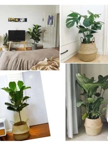 1入組手掌編織收納手持便攜草編花收納籃 - 駝色 - 查看 2