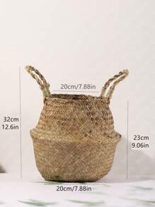 1入組手掌編織收納手持便攜草編花收納籃 - 駝色 - 查看 8