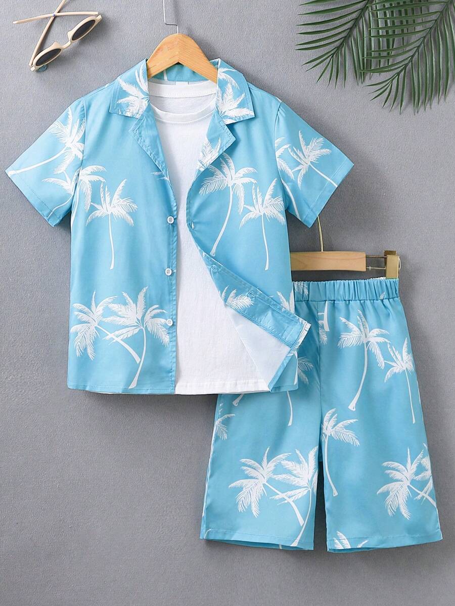 Boys Tropical Print Shirt & Shorts Without Tee - Blue - View 1