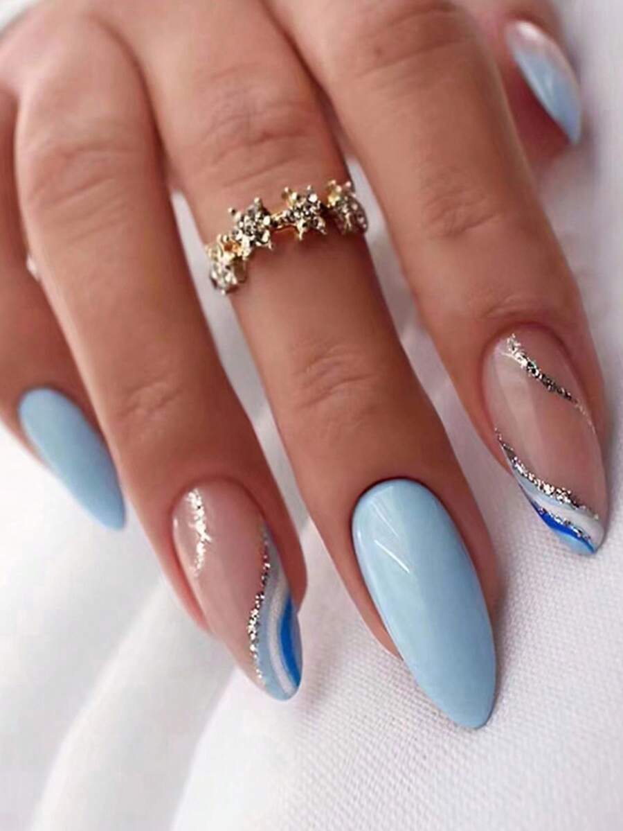 使用24入組長杏仁藍線閃光條紋假指甲和1入組指甲銼和1張膠帶打造迷人魅力 - 彩色 - 查看 1