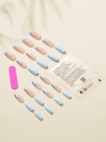 使用24入組長杏仁藍線閃光條紋假指甲和1入組指甲銼和1張膠帶打造迷人魅力 - 彩色 - 查看 2