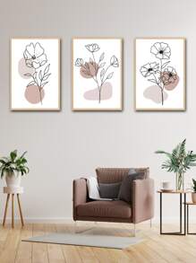 3入組無框抽象花卉畫，現代極簡主義風格聚酯纖維幾何線條、色塊、花卉、植物和葉子矩形牆壁裝飾畫，適用於客廳、臥室和家居裝飾 - 彩色 - 查看 2
