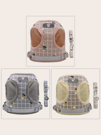 1入組格紋圖案寵物牽引繩和安全帶套裝適用於貓和狗狗適用於戶外