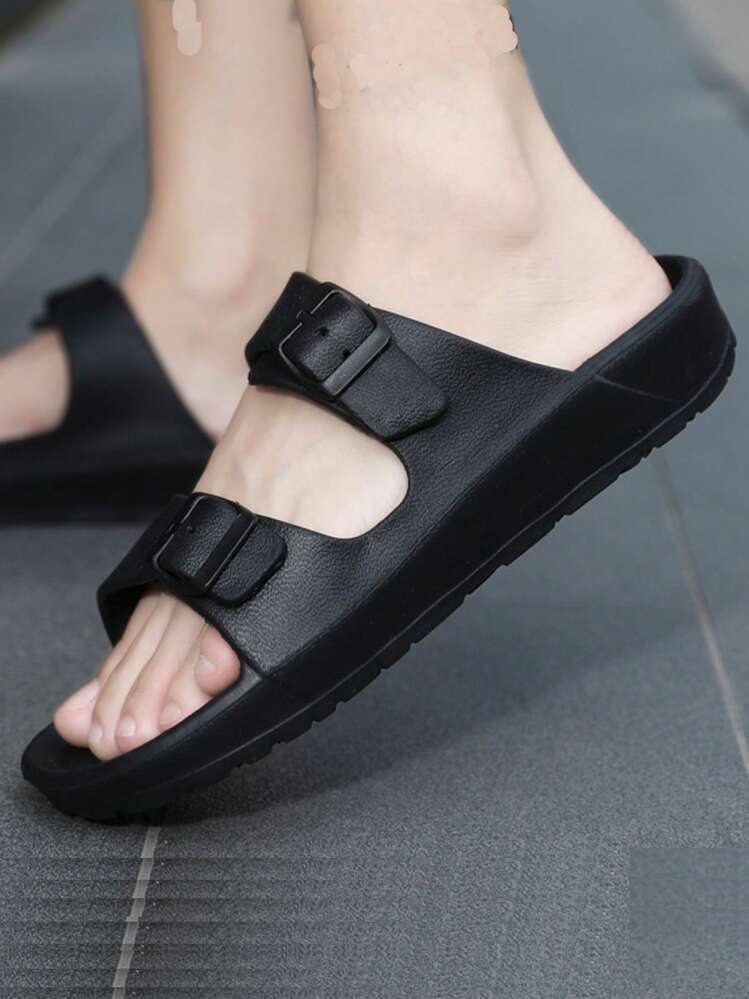 Men Buckle Decor Slides, Fashion Outdoor EVA Slides - Black - View 1