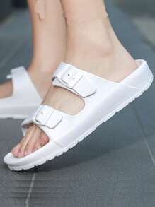 Men Buckle Decor Slides, Fashion Outdoor EVA Slides - White - View 1