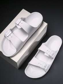 Men Buckle Decor Slides, Fashion Outdoor EVA Slides - White - View 2