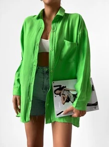 RueChic Solid Drop Shoulder Pocket Patched Button Up Oversized Shirt - màu xanh lá - Xem 6