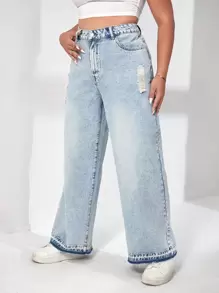SHEIN Plus High Waist Ripped Wide Leg Jeans Without Belt - Light Wash - View 1