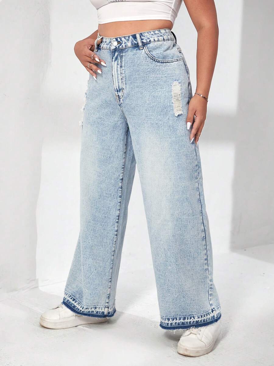 SHEIN Plus High Waist Ripped Wide Leg Jeans Without Belt - Light Wash - View 1