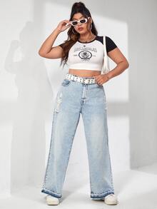 SHEIN Plus High Waist Ripped Wide Leg Jeans Without Belt - Light Wash - View 2