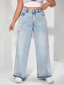 SHEIN Plus High Waist Ripped Wide Leg Jeans Without Belt - Light Wash - View 4